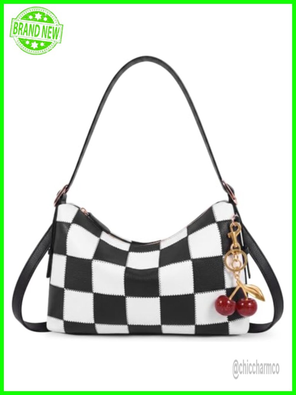 Checkered Shoulder Bag Vegan Leather Hobo Crossbody Purse Cherry Charm
